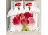 Abakuhaus Copripiumino Con Fiori, Bouquet Di Tulipani Acquerellati, Antiacaro E Anallergico, Con Federe, 155 Cm X 220 Cm - 80 X 80 Cm, Rosa Corallo Verde