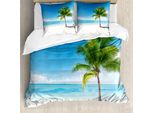 Abakuhaus Copripiumino Paesaggio, Palme Sull'oceano, Antiacaro, Adatto A Chi Soffre Di Allergie, Con Federe, 155 Cm X 220 Cm - 80 X 80 Cm, Blu Cielo, Verde E Bianco