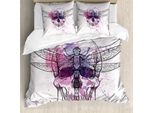 Abakuhaus Copripiumino Con Teschi, Teschi E Libellule Grunge, Antiacaro, Adatto A Chi Soffre Di Allergie, Con Federe, 200 Cm X 200 Cm - 80 X 80 Cm, Viola-Rosa-Nero