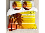 Abakuhaus Set Copripiumino Tropicale Per Letti Matrimoniali, Tramonto Su Una Spiaggia Esotica, Antiacaro, Adatto A Chi Soffre Di Allergie, Con Federe, Giallo Marrone Rosso Corallo
