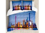 Abakuhaus Copripiumino Urbano, Skyline Di Shanghai, Antiacaro, Adatto A Chi Soffre Di Allergie, Con Federe, 200 Cm X 200 Cm - 80 X 80 Cm, Blu, Rosa, Giallo