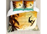 Abakuhaus Copripiumino Grunge, Surfer Sea Palms Sunset, Antiacaro, Adatto A Chi Soffre Di Allergie, Con Federe, 155 Cm X 220 Cm - 80 X 80 Cm, Arancione Turchese Nero
