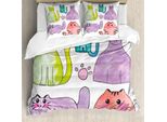 Abakuhaus Copripiumino Con Gattini, Gatti In Stile Acquerello, Antiacaro, Adatto A Chi Soffre Di Allergie, Con Federe, 155 Cm X 220 Cm - 80 X 80 Cm, Multicolore
