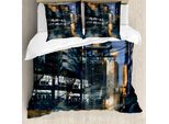 Abakuhaus Copripiumino Futuristico, Immagine Cyber-Urbana, Antiacaro, Adatto A Chi Soffre Di Allergie, Con Federe, 200 Cm X 200 Cm - 80 X 80 Cm, Nero Arancione Blu