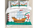 Abakuhaus Ahoi Sein Ein Boy Copripiumino, Barca Ahoi Bussola, Antiacaro Adatto A Chi Soffre Di Allergie Con Federe, 155 Cm X 220 Cm - 80 X 80 Cm, Verde Acqua Marrone Rosso