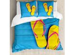 Abakuhaus Copripiumino Giallo E Blu, Flip Flops Pier, Antiacaro, Adatto A Chi Soffre Di Allergie, Con Federe, 155 Cm X 220 Cm - 80 X 80 Cm, Azzurro, Giallo, Rosa