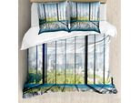 Abakuhaus Copripiumino Paesaggio, Paesaggio Urbano Con Grattacieli, Antiacaro, Adatto A Chi Soffre Di Allergie, Con Federe, 155 Cm X 220 Cm - 80 X 80 Cm, Bianco, Nero E Verde