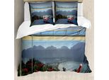 Abakuhaus Copripiumino Landscape, Tropical Island Flowers, Antiacaro, Adatto A Chi Soffre Di Allergie, Con Federe, 200 Cm X 200 Cm - 80 X 80 Cm, Grigio Antracite Verde