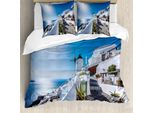 Abakuhaus Copripiumino Estivo, Villaggio Di Oia A Santorini, Antiacaro, Adatto A Chi Soffre Di Allergie, Con Federe, 155 Cm X 220 Cm - 80 X 80 Cm, Blu E Bianco