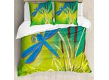 Abakuhaus Copripiumino Libellula, Libellula Blu Su Sfondo Verde, Antiacaro Adatto A Chi Soffre Di Allergie Con Federe, 155 Cm X 220 Cm - 80 X 80 Cm, Verde Pallido Marrone
