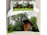 Abakuhaus Copripiumino ToilettenhäUschen, Capanna Di Legno Nel Bosco, Antiacaro, Adatto A Chi Soffre Di Allergie, Con Federe, 155 Cm X 220 Cm - 80 X 80 Cm, Verde Marrone Verde Bosco