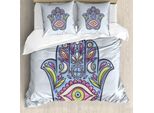Abakuhaus Copripiumino Evil Eye, Doodle Hamsa Colorato, Antiacaro, Adatto A Chi Soffre Di Allergie, Con Federe, 200 Cm X 200 Cm - 80 X 80 Cm, Azzurro-Rosa-Verde