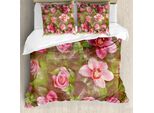 Abakuhaus Copripiumino Shabby Flora, Retro Flora Romantic, Antiacaro, Adatto A Chi Soffre Di Allergie, Con Federe, 200 Cm X 200 Cm - 80 X 80 Cm, Verde, Rosa, Rosa Chiaro
