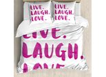 Abakuhaus Vivi, Ridi, Ama Copripiumino, Messaggio Happy Life, Antiacaro, Adatto A Chi Soffre Di Allergie, Con Federe, 200 Cm X 200 Cm - 80 X 80 Cm, Fucsia Bianco