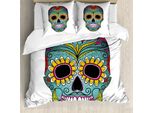 Abakuhaus Copripiumino Sugar Skull, Folk Art Featured, Antiacaro E Anallergico, Con Federe, 155 Cm X 220 Cm - 80 X 80 Cm, Multicolore