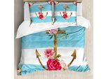 Abakuhaus Copripiumino Shabby Flora, Ancore E Rose, Antiacaro, Adatto A Chi Soffre Di Allergie, Con Federe, 200 Cm X 200 Cm - 80 X 80 Cm, Multicolore