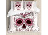 Abakuhaus Copripiumino ZuckerschäDel, Mexican Ornaments, Antiacaro E Anallergico, Con Federe, 155 Cm X 220 Cm - 80 X 80 Cm, Rosa Pallido, Bianco