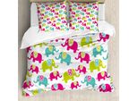 Abakuhaus Elephant Nursery Copripiumino, Joyous Cartoon, Antiacaro, Adatto A Chi Soffre Di Allergie, Con Federe, 200 Cm X 200 Cm - 80 X 80 Cm, Verde Blu Rosa