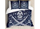 Abakuhaus Copripiumino Con Teschi, Bandiera Pirata Jolly Roger, Antiacaro, Adatto A Chi Soffre Di Allergie, Con Federe, 200 Cm X 200 Cm - 80 X 80 Cm, Blu Scuro E Bianco