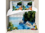 Abakuhaus Romantico Copripiumino, Paesaggio Mediterraneo, Antiacaro, Adatto A Chi Soffre Di Allergie, Con Federe, 200 Cm X 200 Cm - 80 X 80 Cm, Blu, Verde, Arancione