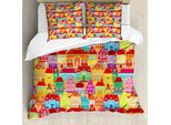 Abakuhaus Vista Della Città Cartoni Animati Copripiumino, Case Colorate, Antiacaro Adatto A Chi Soffre Di Allergie Con Federe, 155 Cm X 220 Cm - 80 X 80 Cm, Multicolore