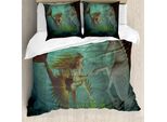 Abakuhaus Copripiumino Sirena, Sirena Con Cavalluccio Marino, Antiacaro Adatto A Chi Soffre Di Allergie Con Federe, 200 Cm X 200 Cm - 80 X 80 Cm, Giallo Verde Acqua