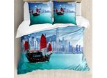 Abakuhaus Copripiumino Ocean, Hong Kong Harbor Boat, Antiacaro, Adatto A Chi Soffre Di Allergie, Con Federe, 155 Cm X 220 Cm - 80 X 80 Cm, Blu Acquamarina Rosso