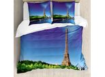 Abakuhaus Copripiumino Torre Eiffel, Eiffel All'alba, Antiacaro, Adatto A Chi Soffre Di Allergie, Con Federe, 200 Cm X 200 Cm - 80 X 80 Cm, Blu Navy-Verde-Crema