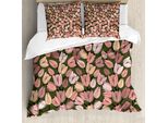 Abakuhaus Copripiumino Con Motivi Floreali, Tulipani Retrò, Antiacaro E Anallergico, Con Federe, 200 Cm X 200 Cm - 80 X 80 Cm, Color Cacao, Corallo E Crema