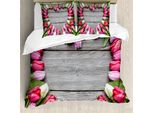 Abakuhaus Copripiumino Love, Cornice Di Tulipani Freschi, Antiacaro, Adatto A Chi Soffre Di Allergie, Con Federe, 200 Cm X 200 Cm - 80 X 80 Cm, Rosa-Verde-Terra D'ombra
