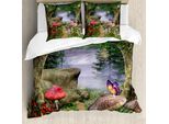 Abakuhaus Copripiumino Funghi, Farfalle Fairytale, Antiacaro, Adatto A Chi Soffre Di Allergie, Con Federe, 155 Cm X 220 Cm - 80 X 80 Cm, Marrone Chiaro, Verde, Rosso