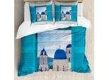 Abakuhaus Copripiumino Paesaggio, Grecia Oia Edifici, Antiacaro, Adatto A Chi Soffre Di Allergie, Con Federe, 155 Cm X 220 Cm - 80 X 80 Cm, Blu Acquamarina-Bianco