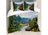 Abakuhaus Set Copripiumino Colorato Per Letti Matrimoniali, Villaggio Tropicale Thailandese, Antiacaro, Adatto A Chi Soffre Di Allergie, Con Federe, Verde Bosco Turchese