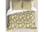 Abakuhaus Copripiumino Con Motivo Floreale, Fiori Di Ortensia Antichi, Antiacaro E Anallergico, Con Federe, 200 Cm X 200 Cm - 80 X 80 Cm, Giallo Grigio Verde
