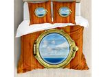 Abakuhaus Copripiumino Nautico, Nave A Vela Antica, Antiacaro, Adatto A Chi Soffre Di Allergie, Con Federe, 155 Cm X 220 Cm - 80 X 80 Cm, Arancione Scuro E Azzurro Pallido