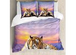 Abakuhaus Copripiumino Safari, Tigre Tramonto Colorato, Antiacaro Adatto A Chi Soffre Di Allergie Con Federe, 155 Cm X 220 Cm - 80 X 80 Cm, Lavanda Senape