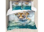 Abakuhaus Copripiumino Safari, Tigre Del Bengala Selvaggia, Antiacaro, Adatto A Chi Soffre Di Allergie, Con Federe, 155 Cm X 220 Cm - 80 X 80 Cm, Verde Acqua Crema Senape