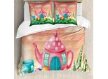 Abakuhaus Copripiumino Fantasia, Teiera E Tazza Da Tè, Antiacaro, Adatto A Chi Soffre Di Allergie, Con Federe, 155 Cm X 220 Cm - 80 X 80 Cm, Rosa-Verde