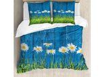 Abakuhaus Copripiumino Con Motivo Floreale, Erba Primaverile E Margherite, Antiacaro E Anallergico, Con Federe, 155 Cm X 220 Cm - 80 X 80 Cm, Blu, Verde, Bianco