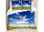Abakuhaus Copripiumino Con Motivo Floreale, Cielo Nuvoloso Con Fiori, Antiacaro, Adatto A Chi Soffre Di Allergie, Con Federe, 200 Cm X 200 Cm - 80 X 80 Cm, Multicolore