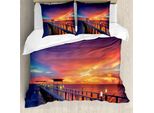 Abakuhaus Copripiumino Paesaggio, Ponte Di Legno Sul Mare, Antiacaro, Adatto A Chi Soffre Di Allergie, Con Federe, 155 Cm X 220 Cm - 80 X 80 Cm, Arancione Navy
