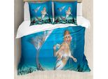 Abakuhaus Set Copripiumino Sirena Per Letti Matrimoniali, Oceano Tropicale Da Favola, Antiacaro Adatto A Chi Soffre Di Allergie Con Federe, Blu Oceano Navy