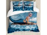 Abakuhaus Copripiumino Sirena, Grafica Mythical Sea, Antiacaro E Anallergico, Con Federe, 200 Cm X 200 Cm - 80 X 80 Cm, Blu Navy E Bianco
