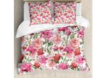Abakuhaus Copripiumino Con Fiori Acquerellati, Peonie E Rose, Antiacaro E Anallergico, Con Federe, 155 Cm X 220 Cm - 80 X 80 Cm, Rosa, Rosso, Bianco