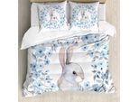 Abakuhaus Copripiumino Con Fiori Acquerellati, Ritratto Di Coniglio, Antiacaro, Adatto A Chi Soffre Di Allergie, Con Federe, 155 Cm X 220 Cm - 80 X 80 Cm, Blu, Grigio, Bianco