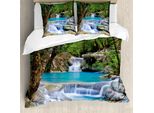 Abakuhaus Copripiumino Cascata, Rocce Nel Lago Con Cascata, Antiacaro Adatto A Chi Soffre Di Allergie Con Federe, 155 Cm X 220 Cm - 80 X 80 Cm, Verde-Blu E Marrone