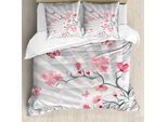 Abakuhaus Copripiumino Naturale, Uccellini Su Ciliegio, Antiacaro, Adatto A Chi Soffre Di Allergie, Con Federe, 200 Cm X 200 Cm - 80 X 80 Cm, Grigio Chiaro Rosa