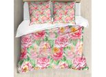 Abakuhaus Copripiumino Con Fiori Acquerellati, Morbido, Antiacaro, Adatto A Chi Soffre Di Allergie, Con Federe, 155 Cm X 220 Cm - 80 X 80 Cm, Rosa-Verde