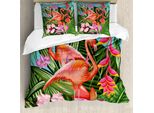 Abakuhaus Copripiumino Flamingo, Hibiscus Tropic Blume, Antiacaro, Adatto A Chi Soffre Di Allergie, Con Federe, 155 Cm X 220 Cm - 80 X 80 Cm, Verde, Rosa, Blu