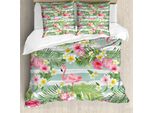 Abakuhaus Copripiumino Flamingo, Foglia Esotica Hawaii, Antiacaro, Adatto A Chi Soffre Di Allergie, Con Federe, 155 Cm X 220 Cm - 80 X 80 Cm, Verde, Rosa, Bianco